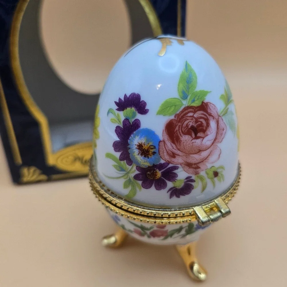 My Treasure Fabulous Egg Hand Painted Porcelain Floral Trinket Box Gold Feet